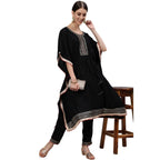 Ishin Womens Rayon Black Embroidered Kaftan Kurta Trouser Set