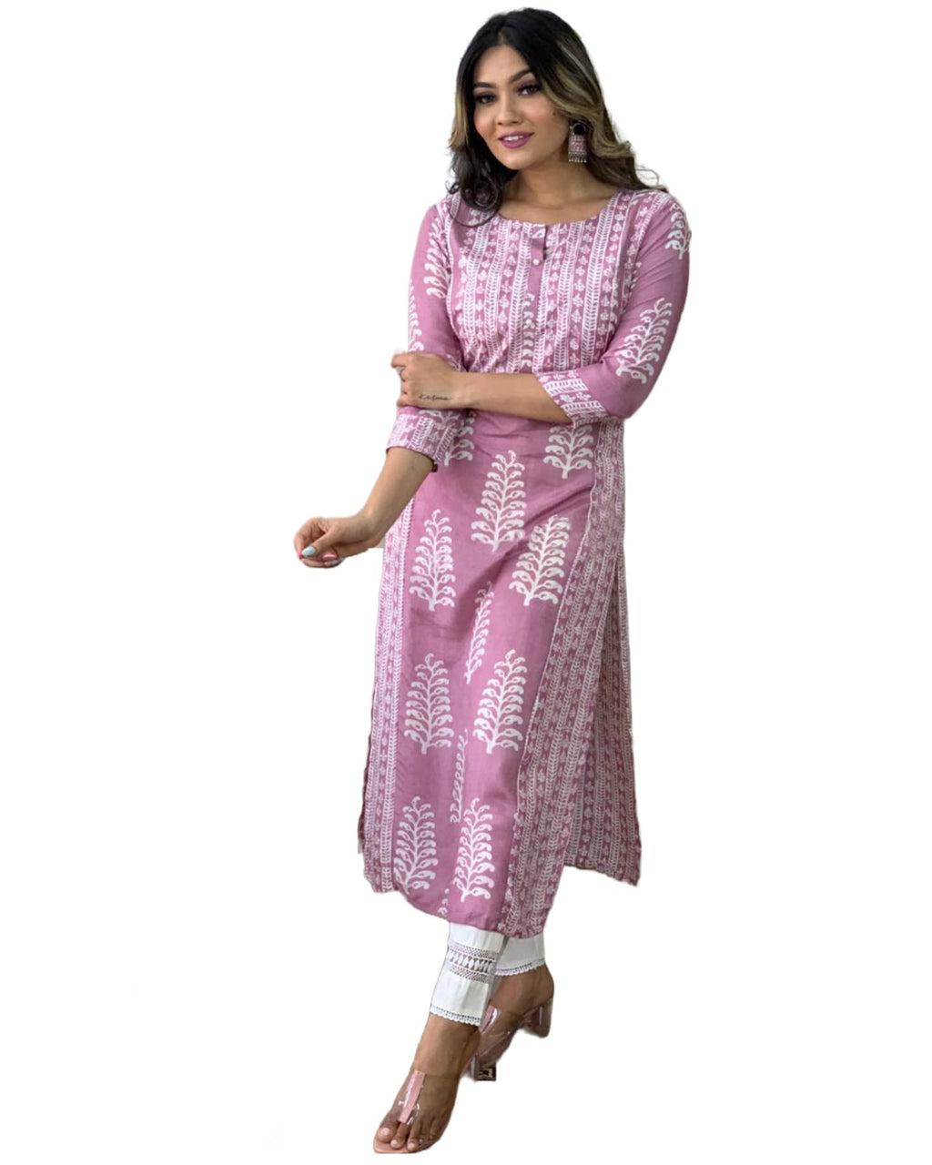 ANNI DESIGNER Women's Cotton Blend Printed Straight Kurta with Pant (Oni101 White_M_Pink_Medium)