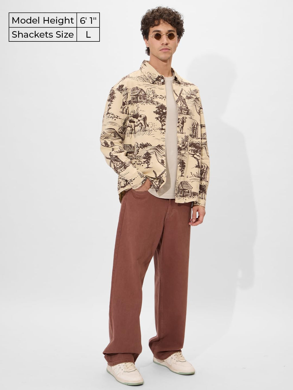 The Souled Store Rolling Hills Men and Boys Long Sleeves Collared Neck Button Front Beige and Brown All Over Printed Cotton Shac