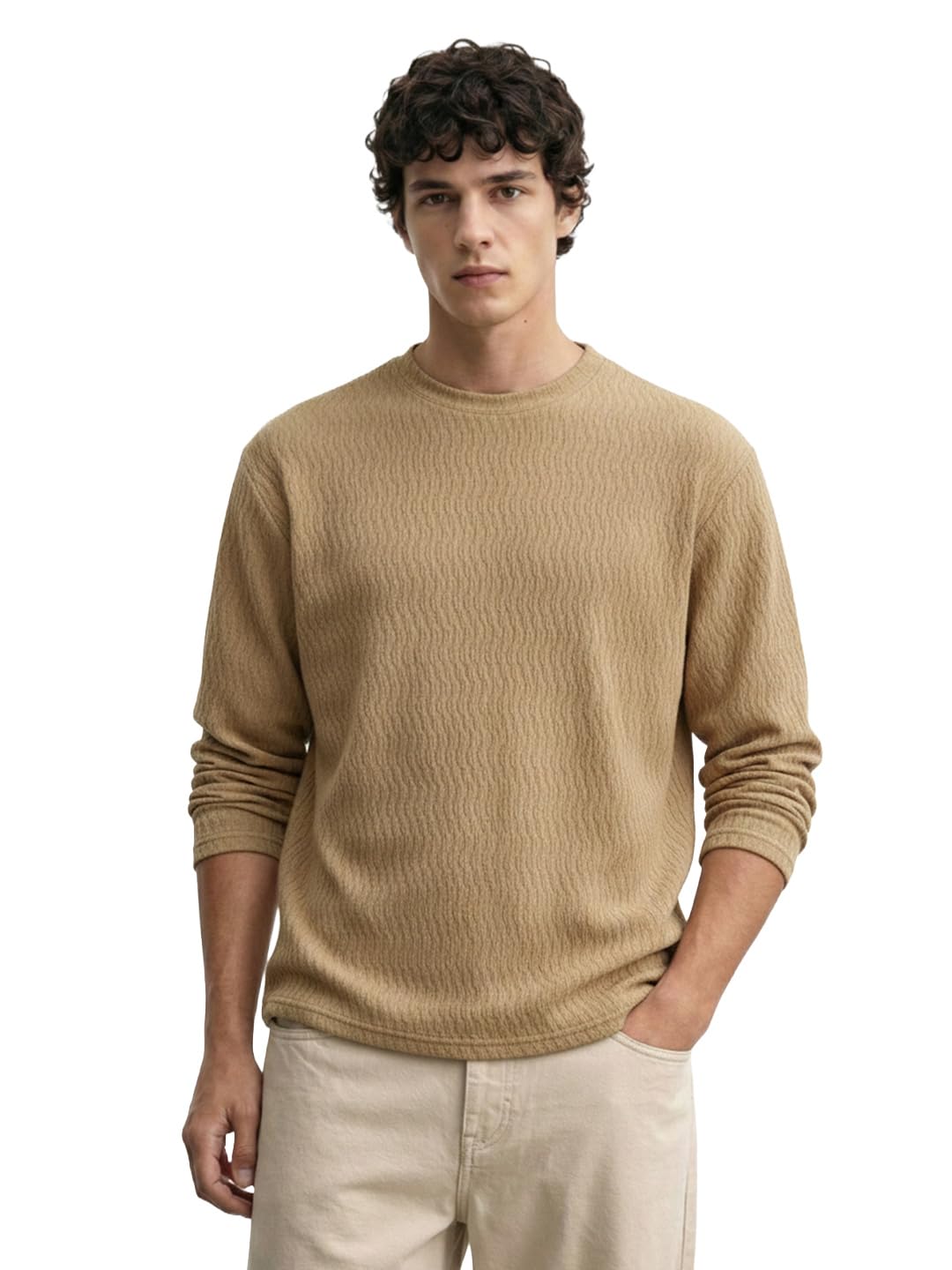 The Indian Garage Co Mens Relaxed Fit Long Sleeves Textured Crew Neck Sweater