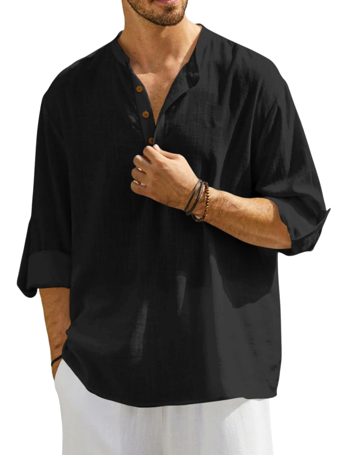 Fifth U Mens Solid Cotton Blend Regular Fit Mandarin/Chinese Collor Short Kurta for Men Black