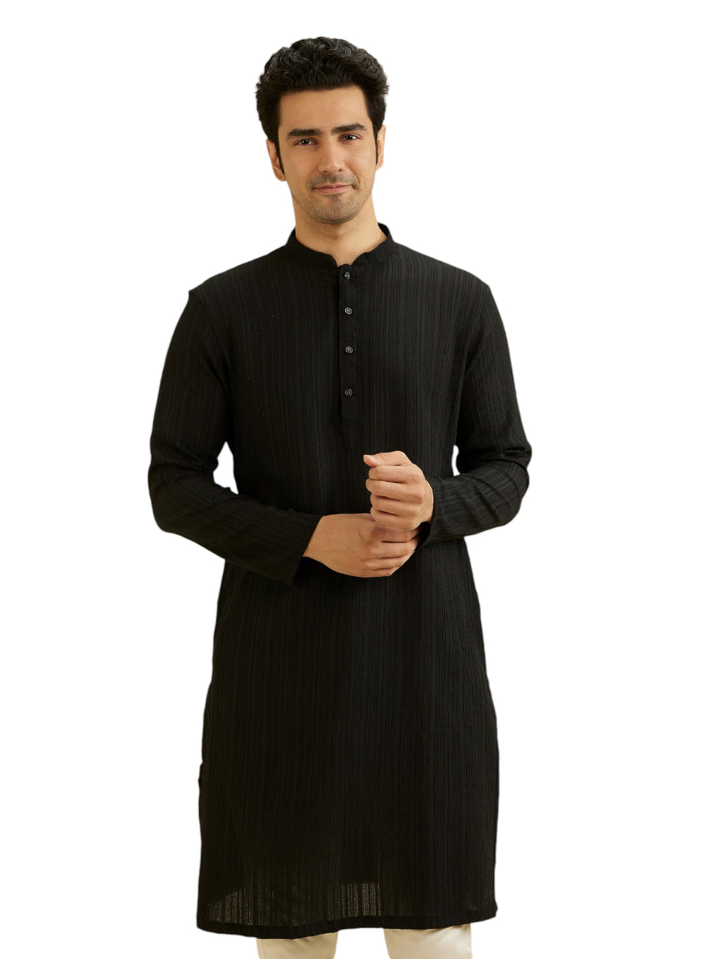 Manyavar Mens Spandex Self Design Kurta (Black,XL)
