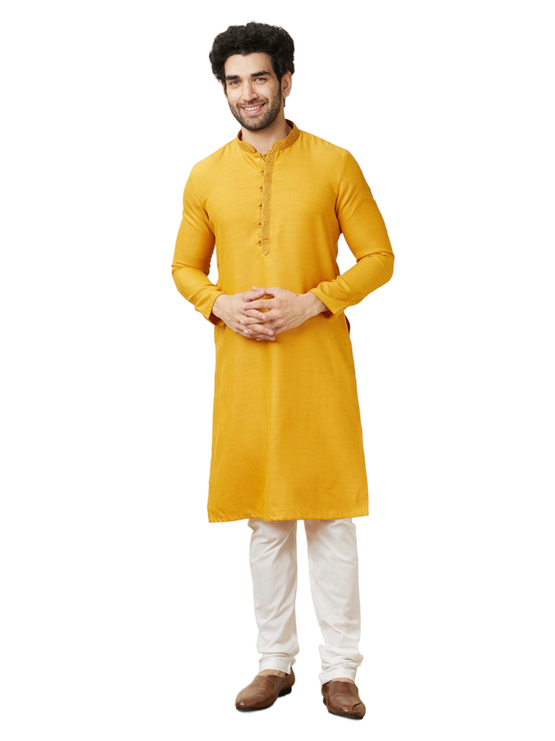 Manyavar Mens Blended Viscose Solid Full Sleeves Knee Length Kurta Set (Mustard, XXL)