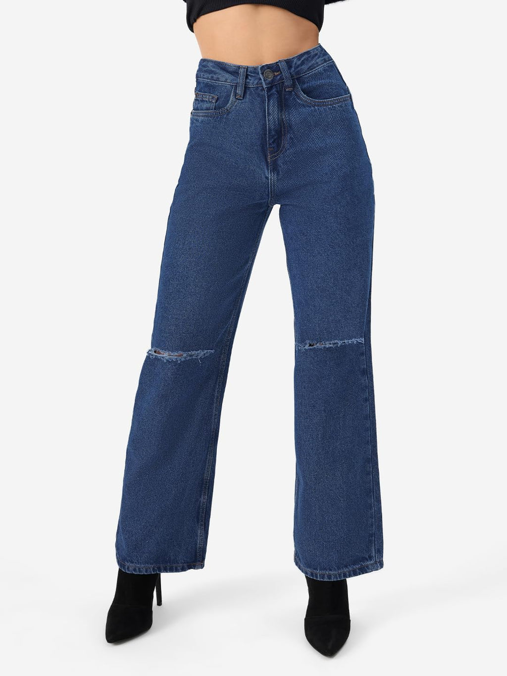 The Souled Store Solids: Distressed Blue (Wide Leg Fit) Women Jeans Womens Jeans Skinny for Women High-Waisted Bootcut Straight