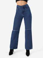 The Souled Store Solids: Distressed Blue (Wide Leg Fit) Women Jeans Womens Jeans Skinny for Women High-Waisted Bootcut Straight