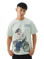 The Souled Store Official Popeye: Spinach Powered Men and Boys Short Sleeve Round Neck Blue Graphic Printed Regular Fit Cotton T