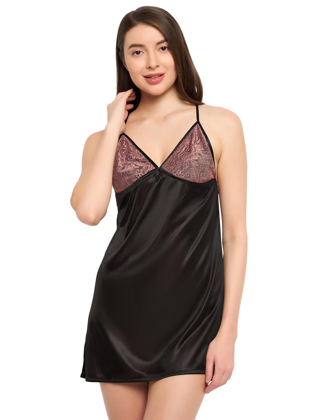 Clovia Womens Satin Solid Above The Knee Babydoll Dress (NS1045P13-L_Black_Large_Black_L)