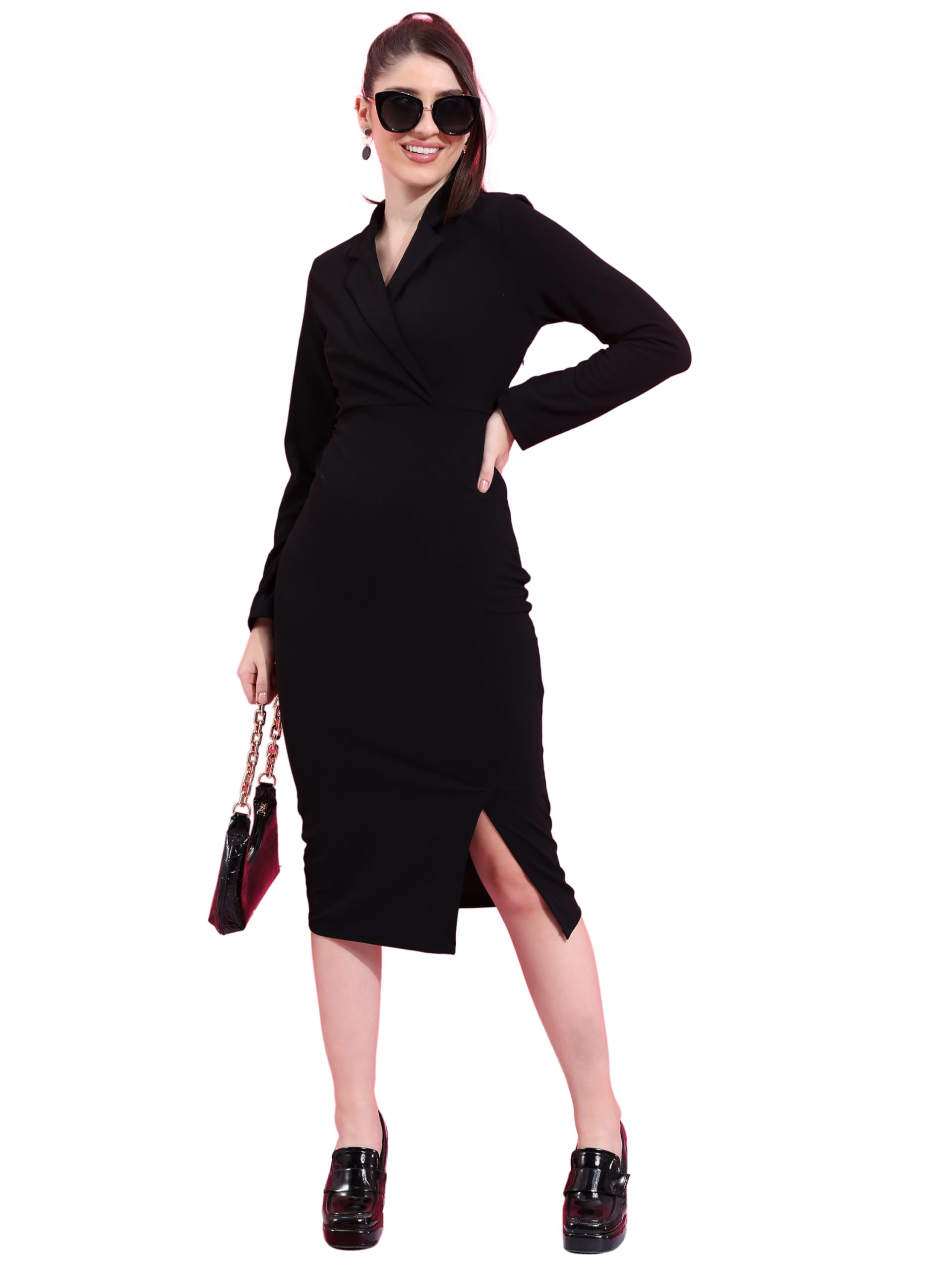 Ketch Women Modern Cotton Blend Blazer Dress With Show Button Detail Knee-Length Khj6000445_Black, Xs