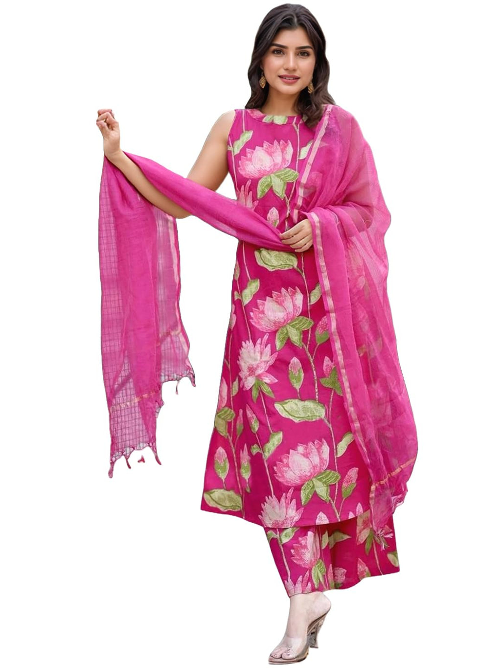 ANNI DESIGNER Women 's Printed Viscose Palazzo and Dupatta A-Line Kurta, Pink, L