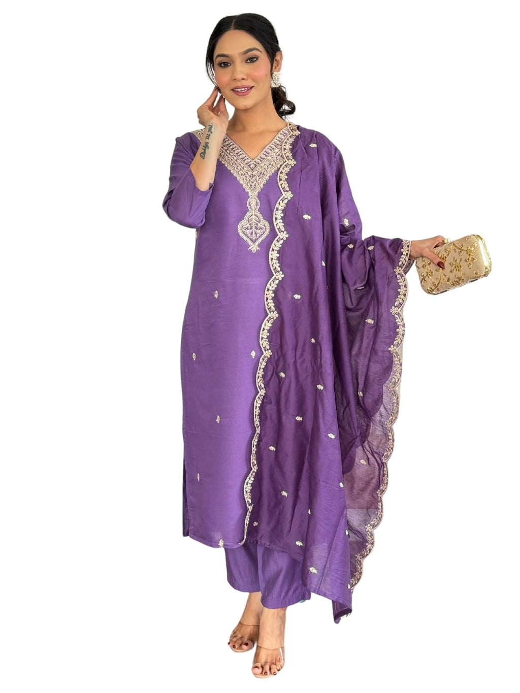 Naixa WomenS Levender Chanderi Embroidered Straight Kurta With Chanderi Pant And Organza Embroidered Dupatta Sets (Nx2-Jk-106-L