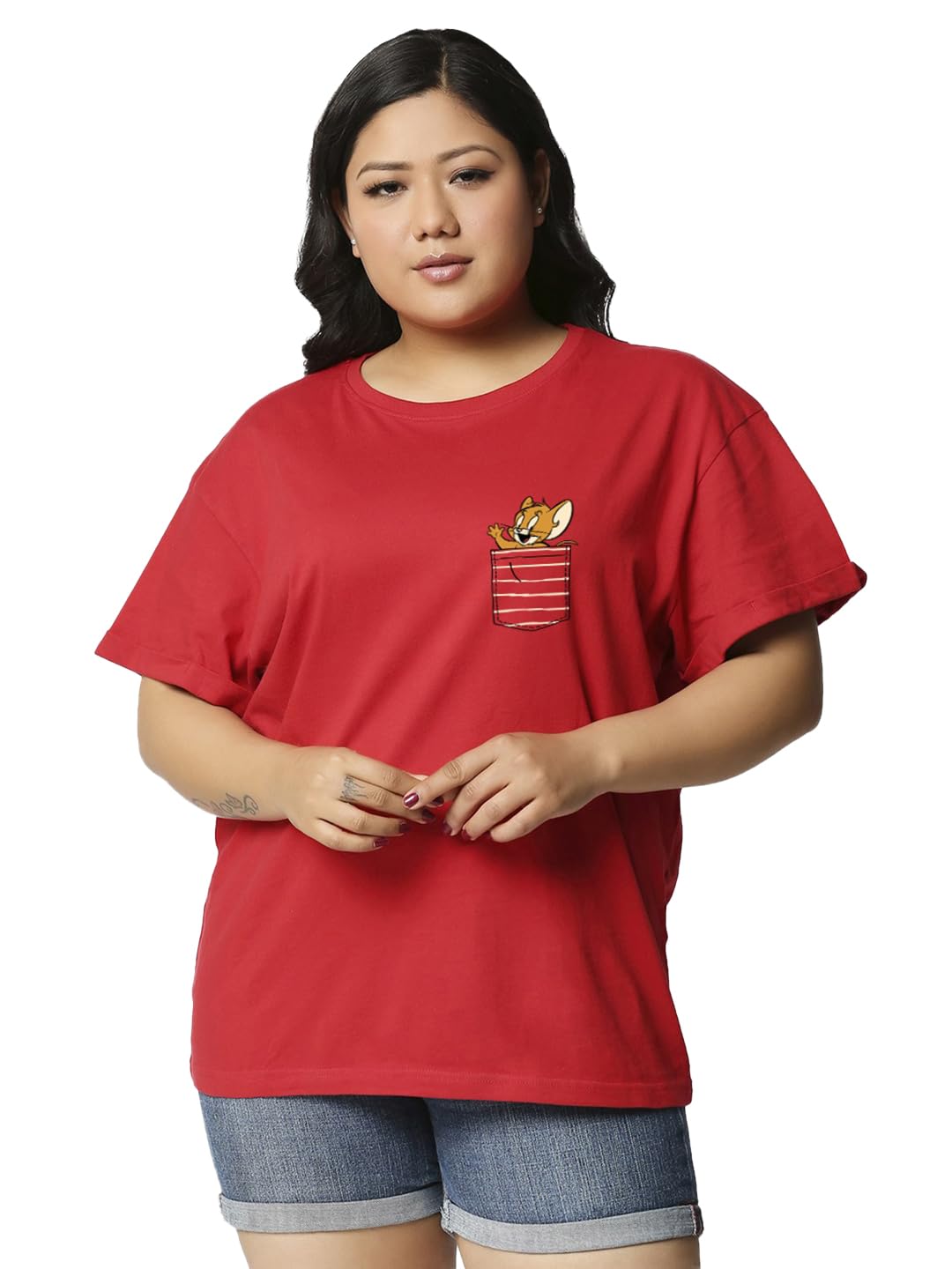 Bewakoof Womens Cotton Relaxed Fit Official Tom & Jerry Merchandise Graphic Printed Plus Size Boyfriend T-Shirt_625705_Red_6XL