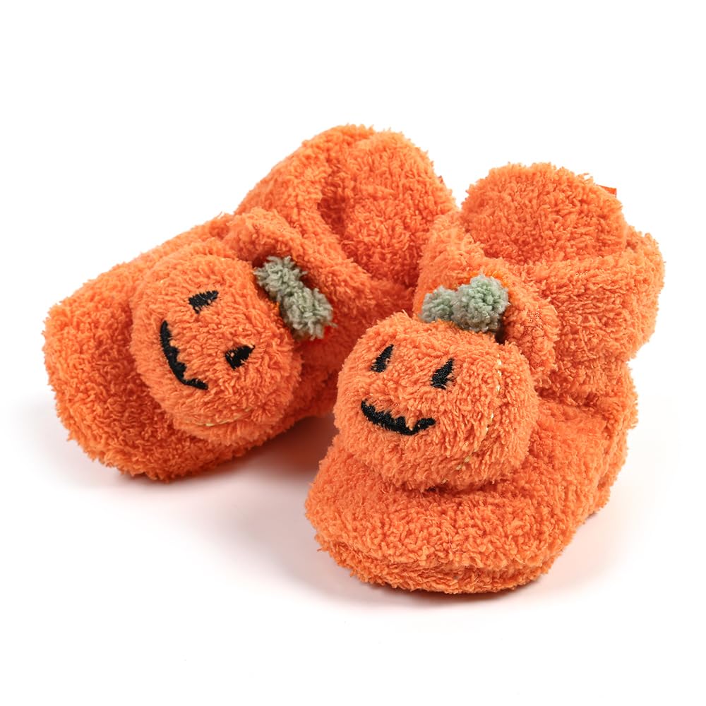 Ohwawadi Baby Halloween Pumpkin Booties Cozy Fleece Infant Baby Slippers Soft Bottom Warm Cartoon Socks Newborn Crib Shoes