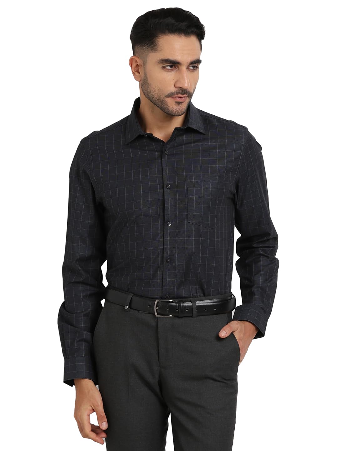Turtle Men 100% Cotton Charcoal Checkered Slim Fit Full Sleeve Formal Shirt