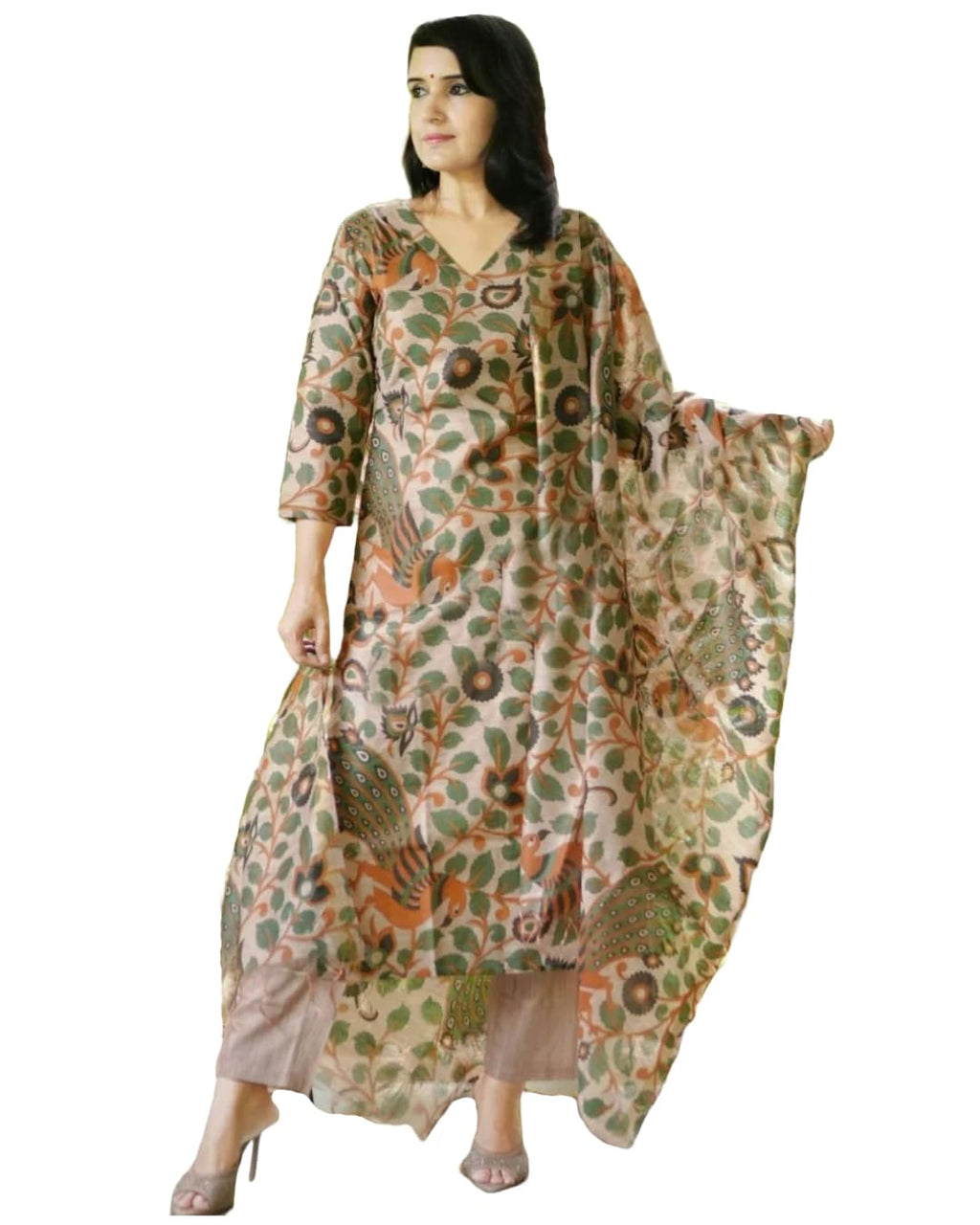 ANNI DESIGNER Womens Cotton Blend Straight Printed Kurta with Pant & Dupatta (Uskana Beige_XXL_Cream_XX-Large)
