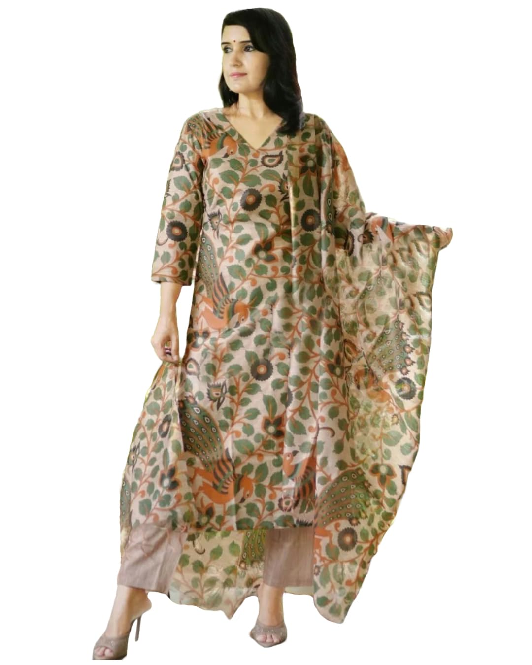ANNI DESIGNER Womens Cotton Blend Straight Printed Kurta with Pant & Dupatta (Uskana Beige_XXL_Cream_XX-Large)