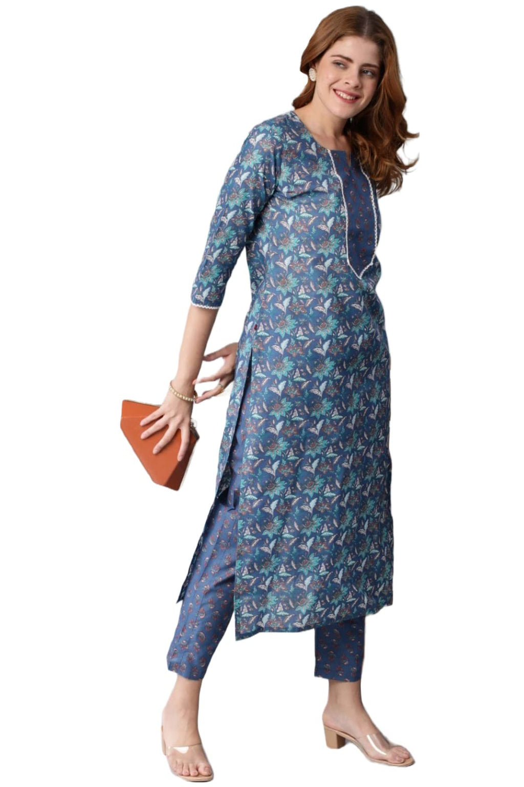 Gosriki Women'S Cotton Blend Traditional Straight Printed Kurta And Pant Set (Kapar Blue-Gs_L_Blue_Large)