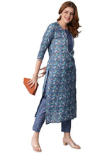 Gosriki Women'S Cotton Blend Traditional Straight Printed Kurta And Pant Set (Kapar Blue-Gs_L_Blue_Large)