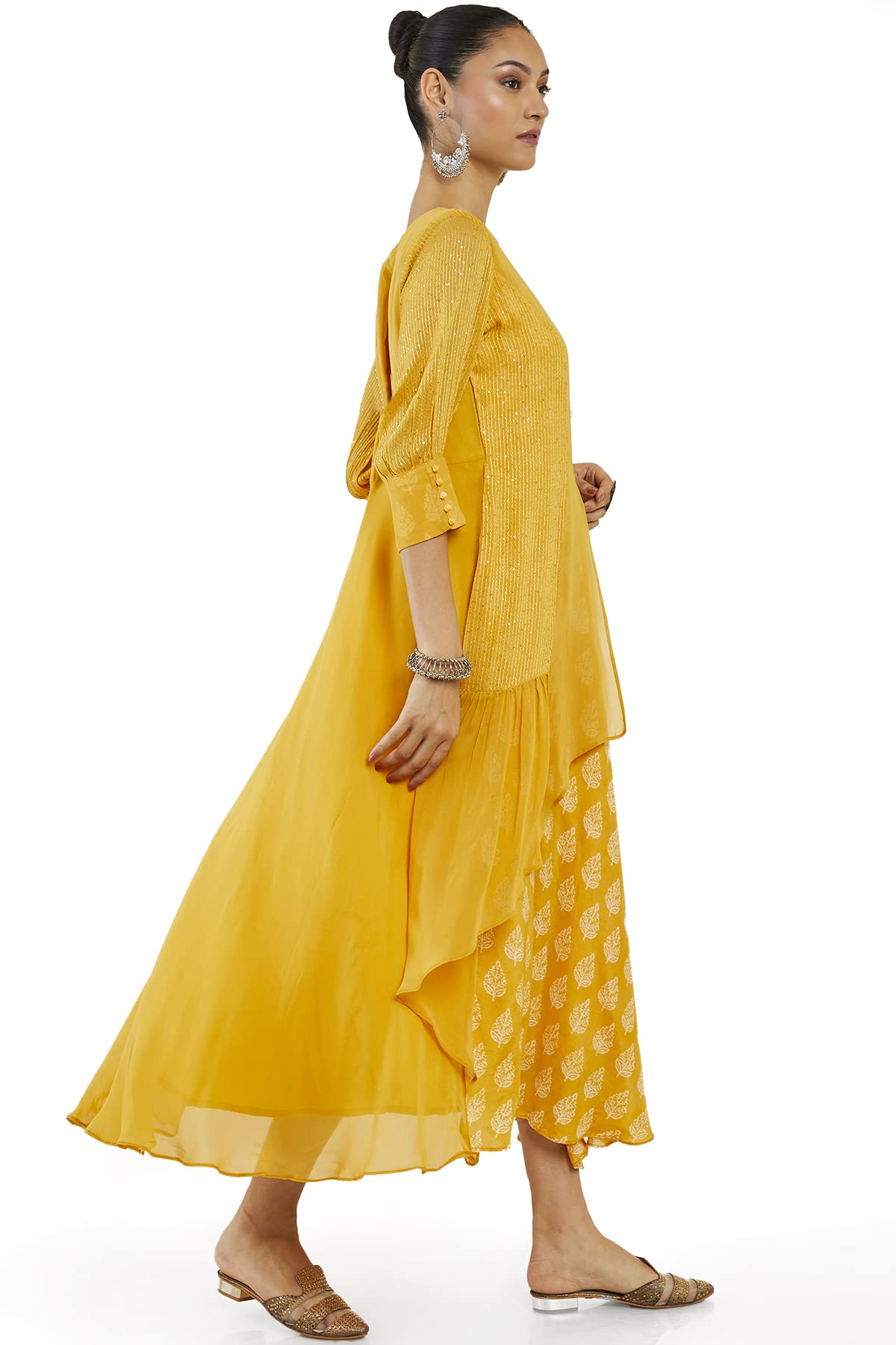 Soch Women Mustard Georgette Printed Dress Kurta