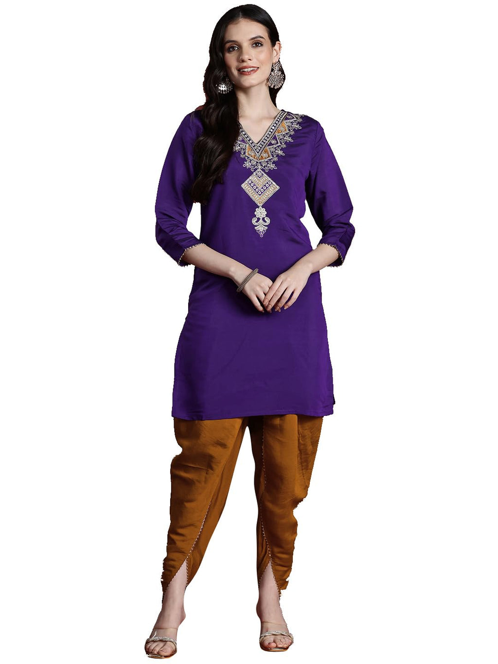 Womanista WomenS Silk Blend Solid Straight Set (Co-Ords_9133_Purple