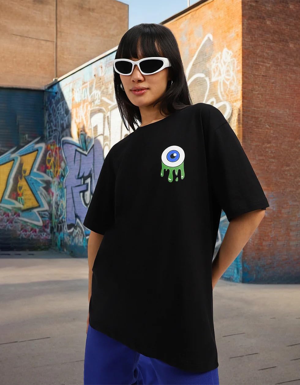 Juneberry Women Black Cotton Oversized Drop Shoulder Sleeves Baggy Fit T-Shirt