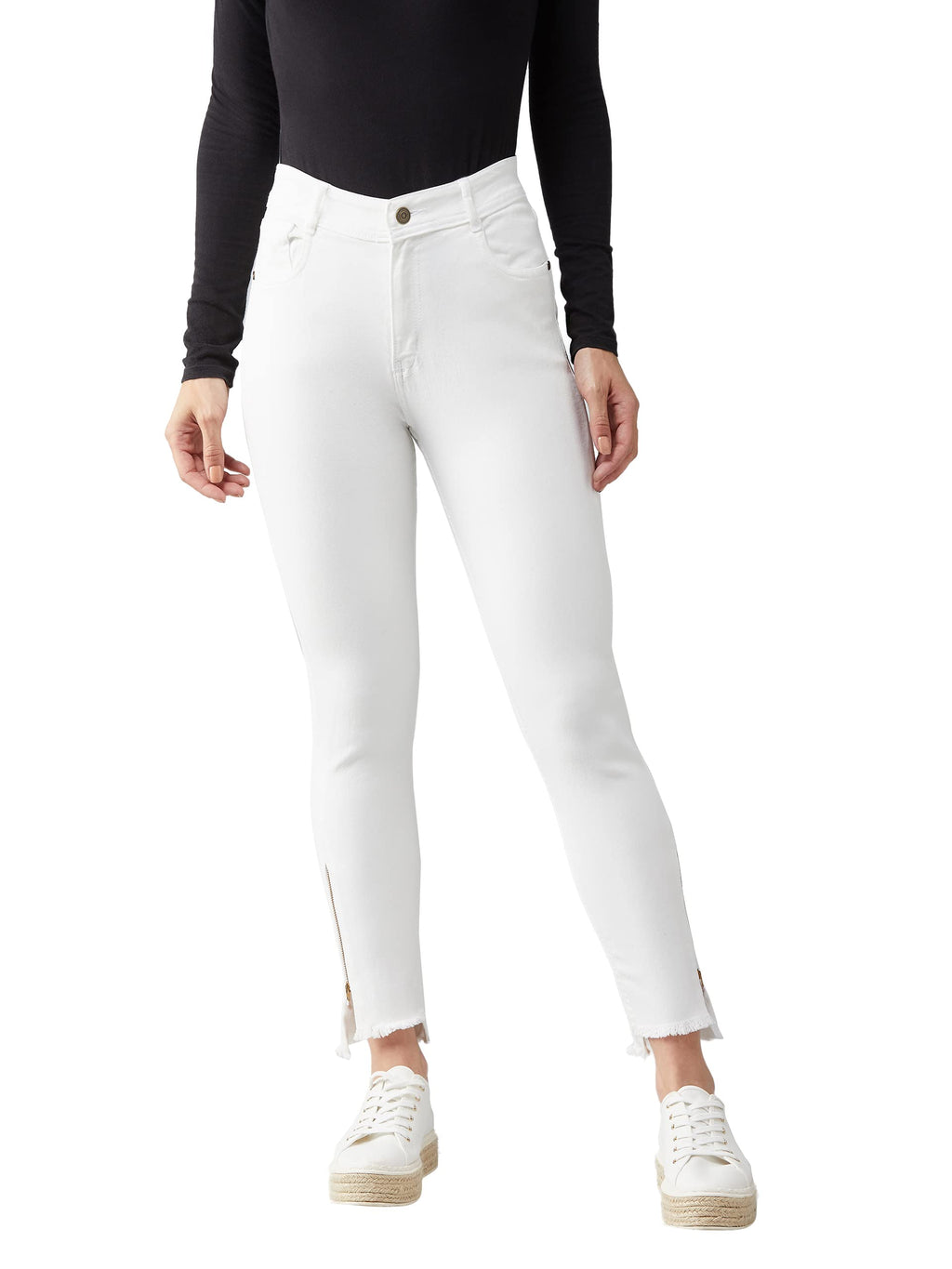 Dolce Crudo Womens White Skinny Fit High Rise Side Slit Raw Edge Detailing Clean Look Cropped Stretchable Denim Jeans (DOSS19DE