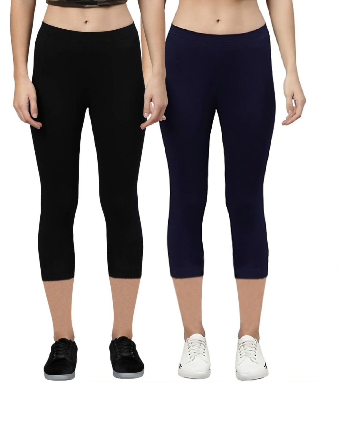 Zayanqa Combo Of Black & Blue Slim Fit Stretchable Cotton Capri Leggings For Women 3/4 Pack Of 2 Cropped Leggings |Yoga Leggings