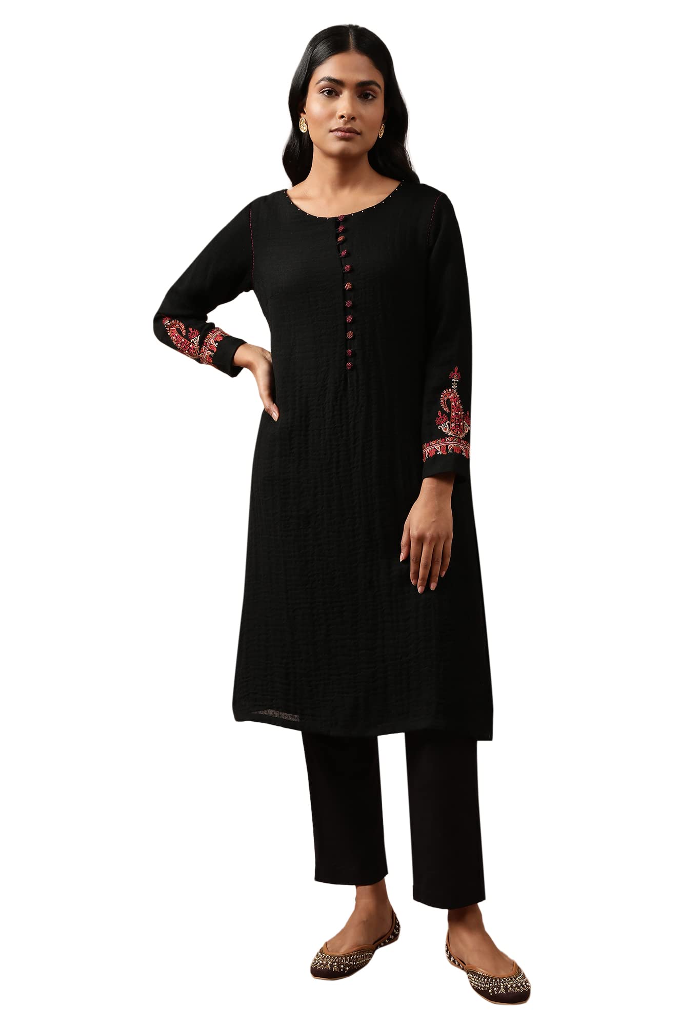 W For Woman Women'S Wool Regular Kurta_Charcol Black