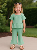 A.T.U.N. (ALL THINGS UBER NICE) Girls Green Textured Knit Peplum Top and Bell Bottom Pants Set | Square Neck Casual Wear for Kid