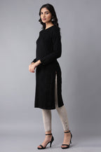 W For Woman Women'S Acrylic Black Slim Fit Winter Dress Knee-Length
