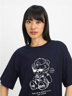 Juneberry 100% Pure Cotton Oversized Loose Baggy Fit Drop Shoulder Half Sleeve Round Neck Cool Front Teddy Printed Cork & White