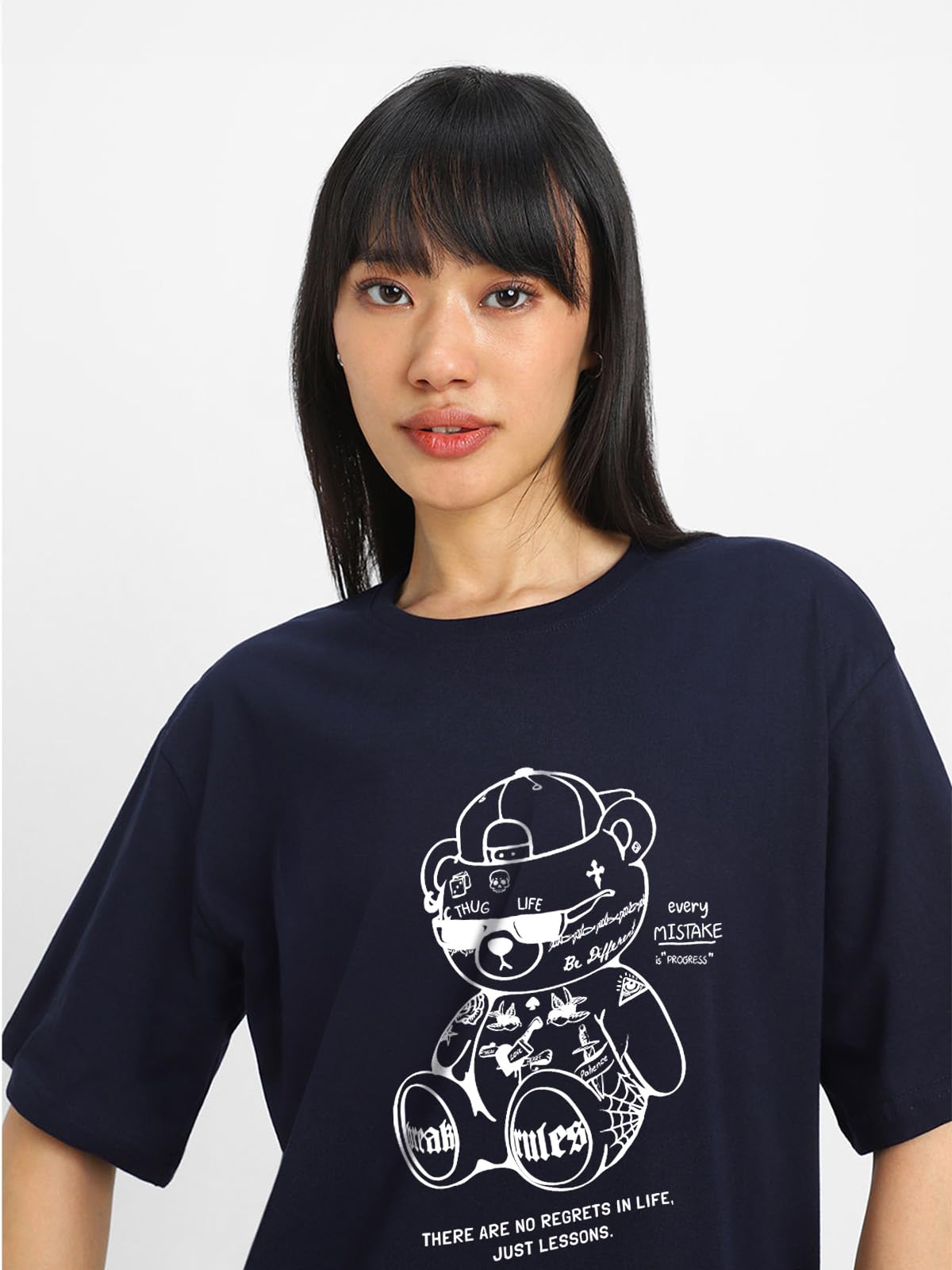 Juneberry 100% Pure Cotton Oversized Loose Baggy Fit Drop Shoulder Half Sleeve Round Neck Cool Front Teddy Printed Cork & White
