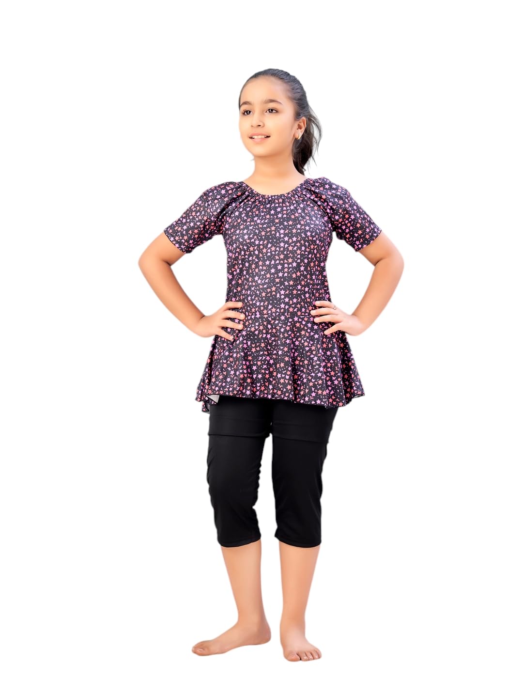 Aarika Girls Sports Wear Multi-Black Colour Star Print Nylon Swim Suit (5-15 Years)-(SW-SHM-C-1111)