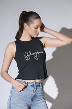 OM SAI LATEST CREATION Crop Tops for Women || Ribbed Solid Chest Printed Crop Top for Girls || Text & Hart Print with Round Neck