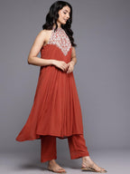 Varanga Women Halter Neck Zari And Sequence Embroidered Sleeveless Flared Kurta Paired With Tonal Bottom
