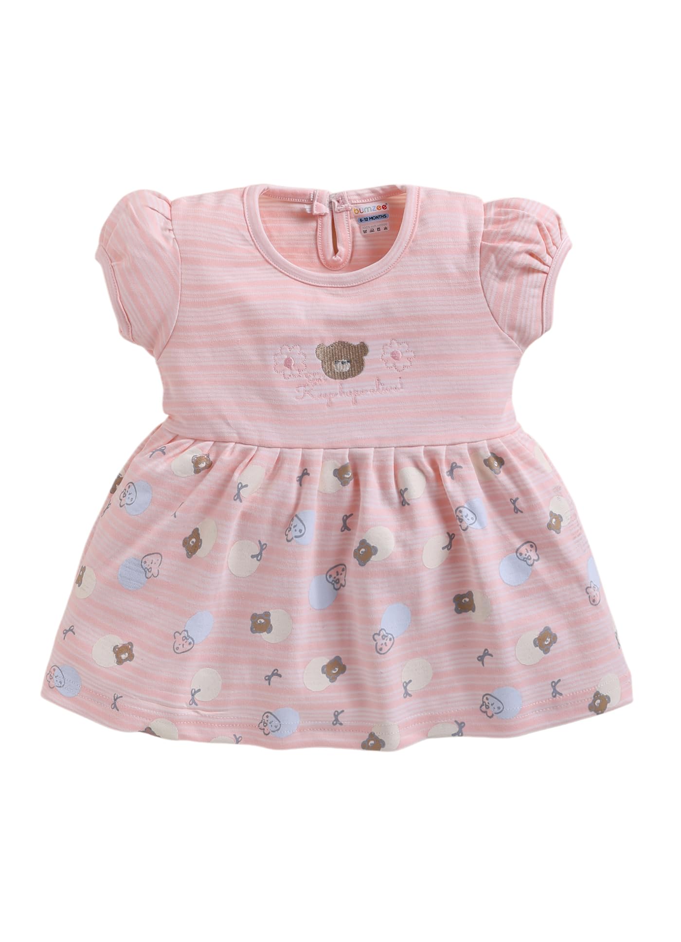 BUMZEE Girls Cotton Half Sleeves Striped Above Knee Length Frock/Dress Peach - 18-24 Months (Peb11364E-pch)