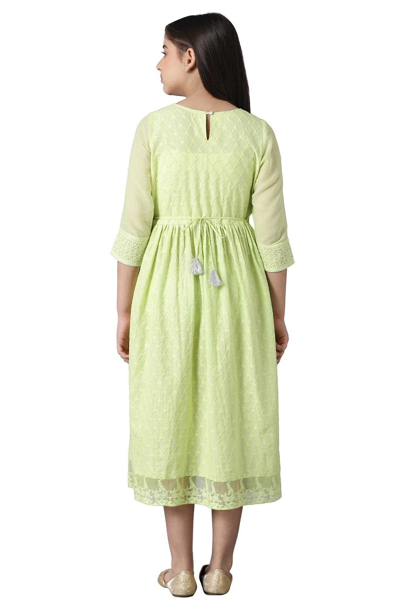 Aurelia Cotton Blend Girls Green Sequinned Flared Schiffli Dress Knee