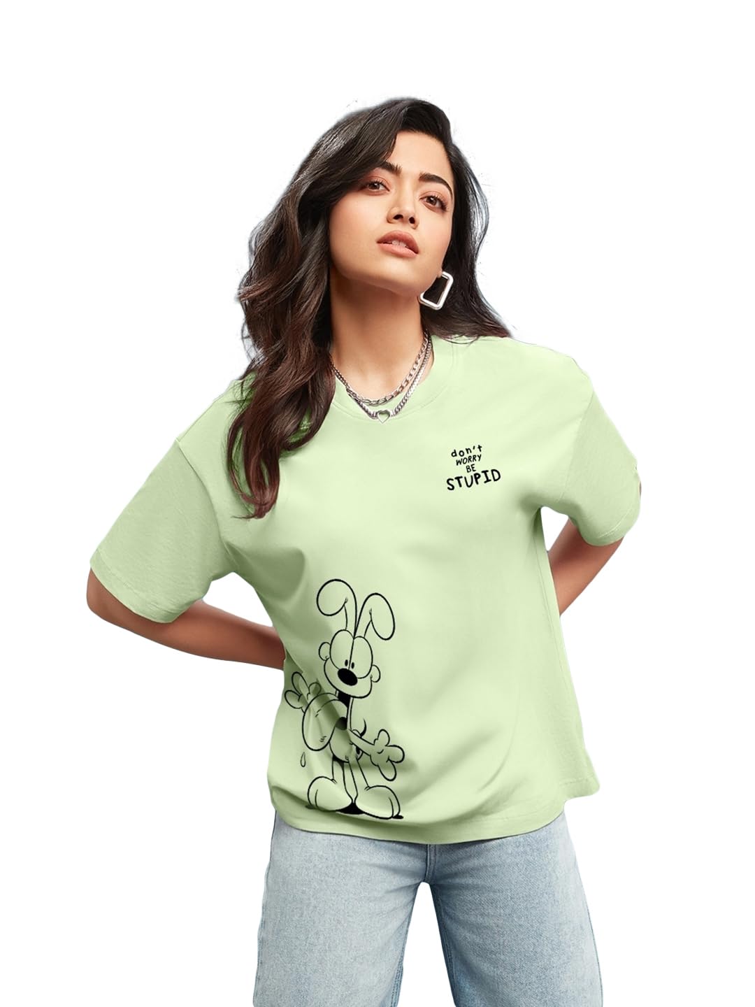 Bewakoof X Official Garfield Merchandise Womens Be Stupid Odie Graphic Printed 100% Cotton T-Shirt - Oversized Fit, Round Neck,