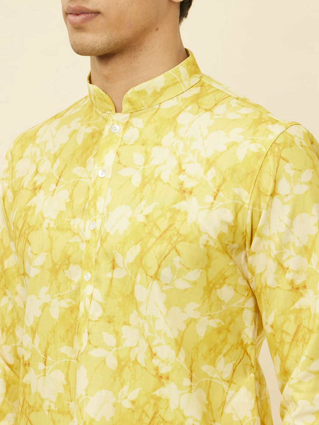 Manyavar Mens Corn Yellow Floral Printed Kurta