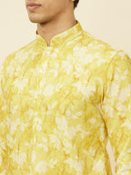 Manyavar Mens Corn Yellow Floral Printed Kurta