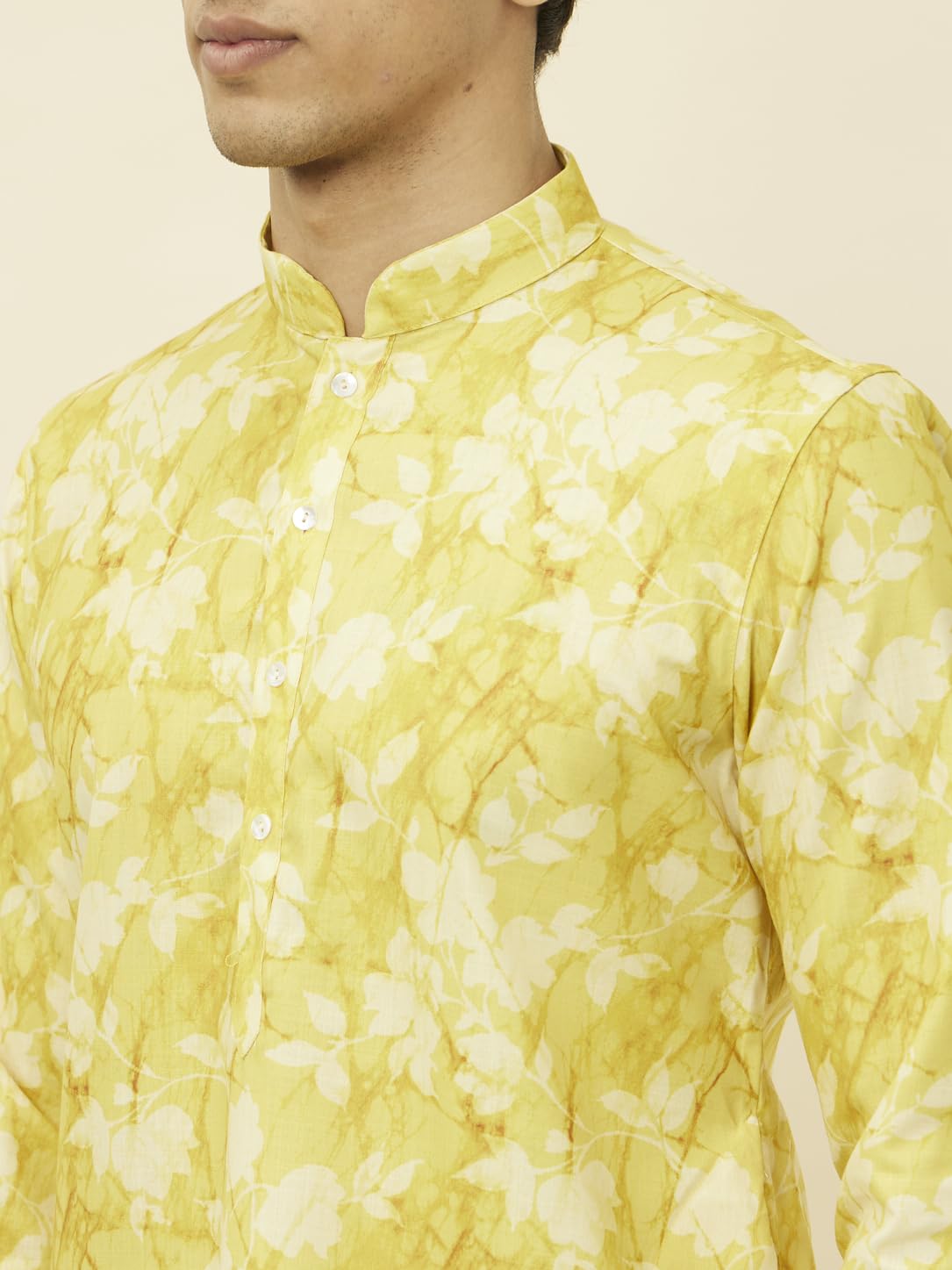 Manyavar Mens Corn Yellow Floral Printed Kurta