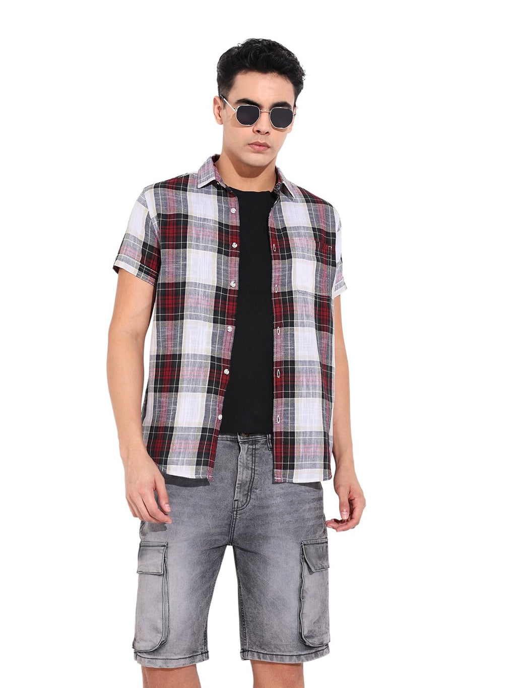 The Indian Garage Co Mens Slim Fit Checkered Half Sleeves Cutaway Collar Shirt