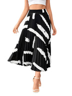 Kzully Polyester | Brush Print Pleated Skirts, Vintage Elastic Waist Midi Skirts, WomenS Clothing Black
