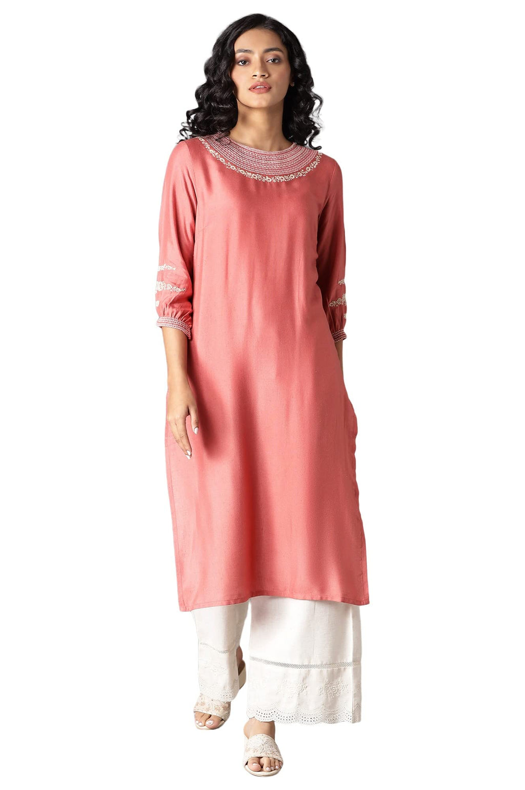 W For Woman Women'S Rayon Kurta & Parallel Pant (22Fews15961-217031_Salmon Pink