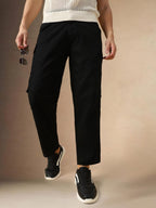 Dennis Lingo Mens Black Solid Cotton Loose Fit Cargo Trouser