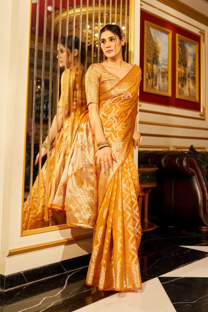 Madhuhansh Womens Organza Plain Saree With Patola Printed Solid Pattern 6 Yard Length And Unstitched Blouse Piece