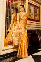 Madhuhansh Womens Organza Plain Saree With Patola Printed Solid Pattern 6 Yard Length And Unstitched Blouse Piece