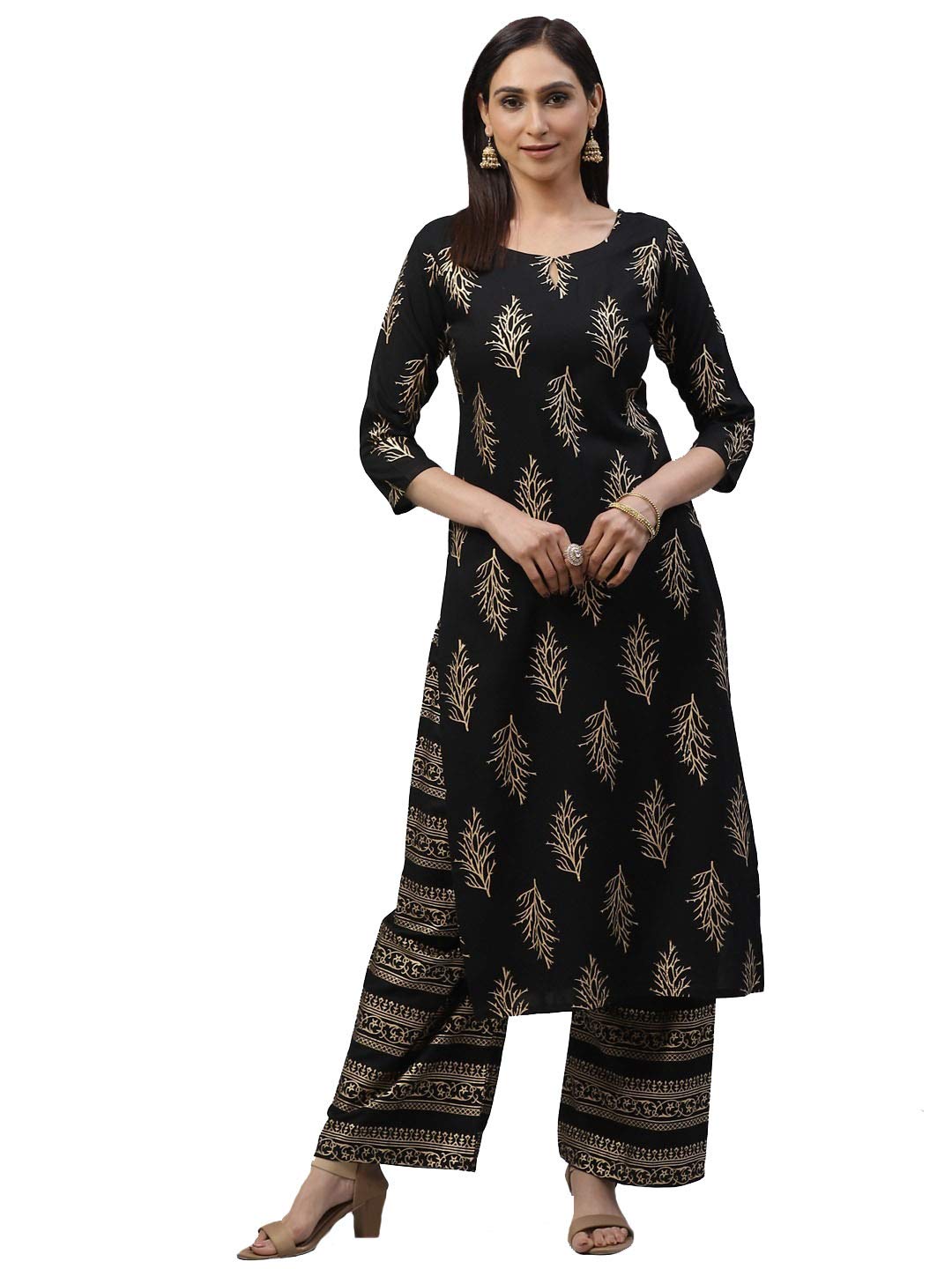 Anni Designer WomenS Rayon Straight Kurta With Palazzo (Black,Xl)