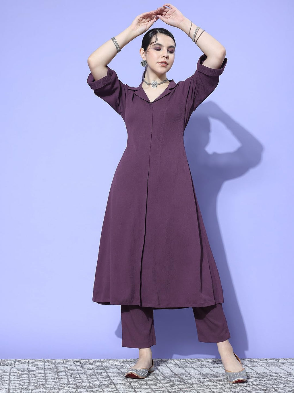 Varanga Women Mauve Shirt Collar Neck A-Line Kurta With Three-Quarter Roll-Up Sleeves, Front Slit, Paired With Tonal Bottom