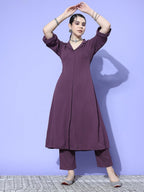 Varanga Women Mauve Shirt Collar Neck A-Line Kurta With Three-Quarter Roll-Up Sleeves, Front Slit, Paired With Tonal Bottom