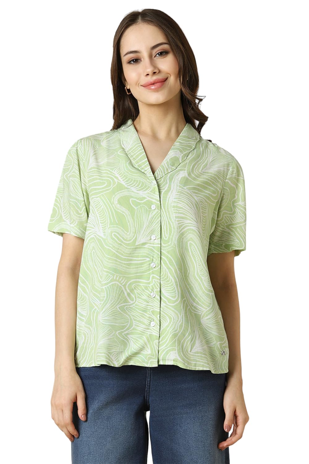 Allen Solly Women Printed Casual Cotton Short Sleeve Stretch Button-Down Shirt
